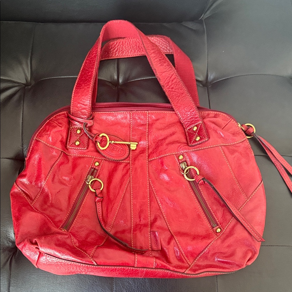 Fossil Vibrant Red Leather Satchel Shoulder Bag